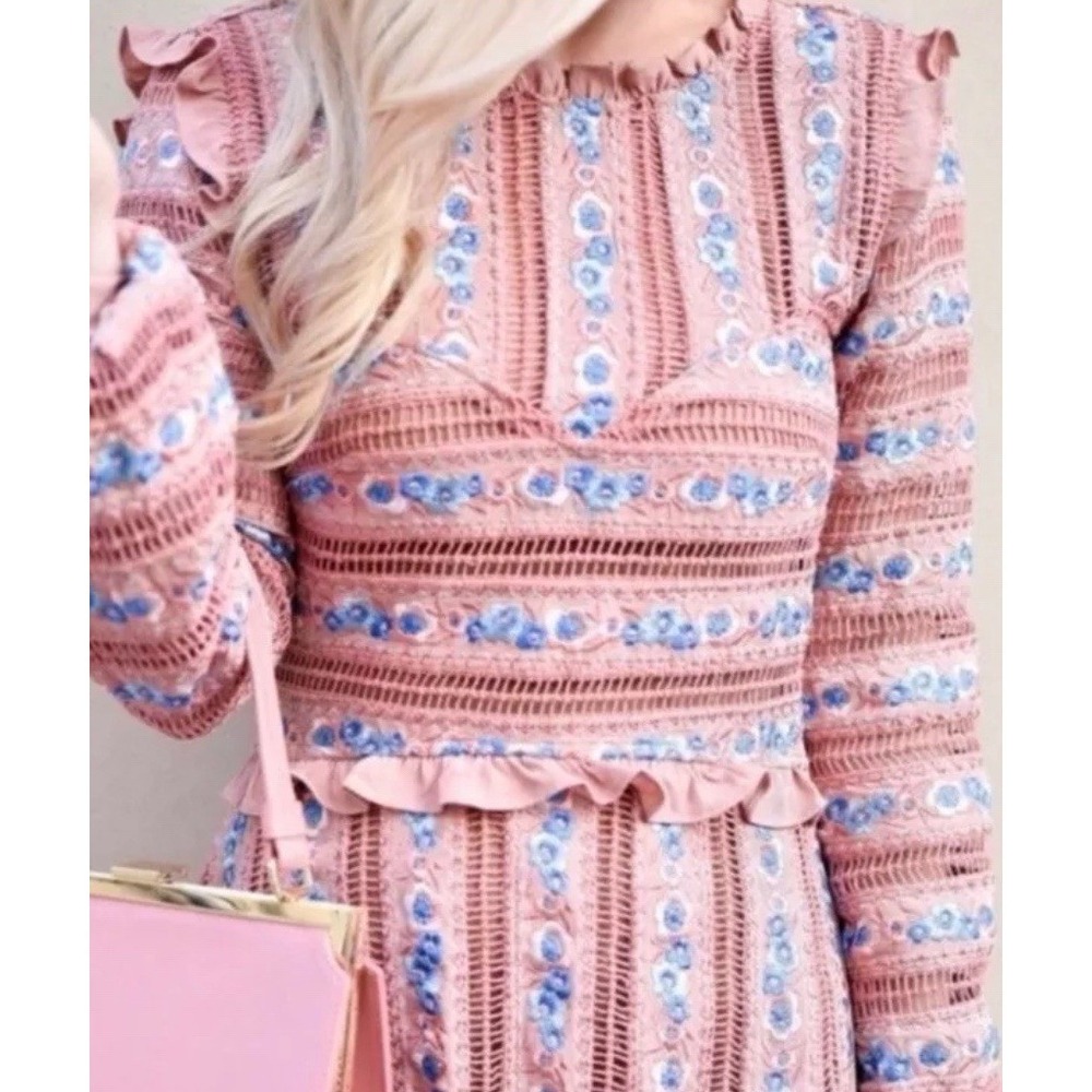 For Love & Lemons Pink Persephone Floral Longsleeve Embroidered Dress XSP $405 - Picture 2 of 9